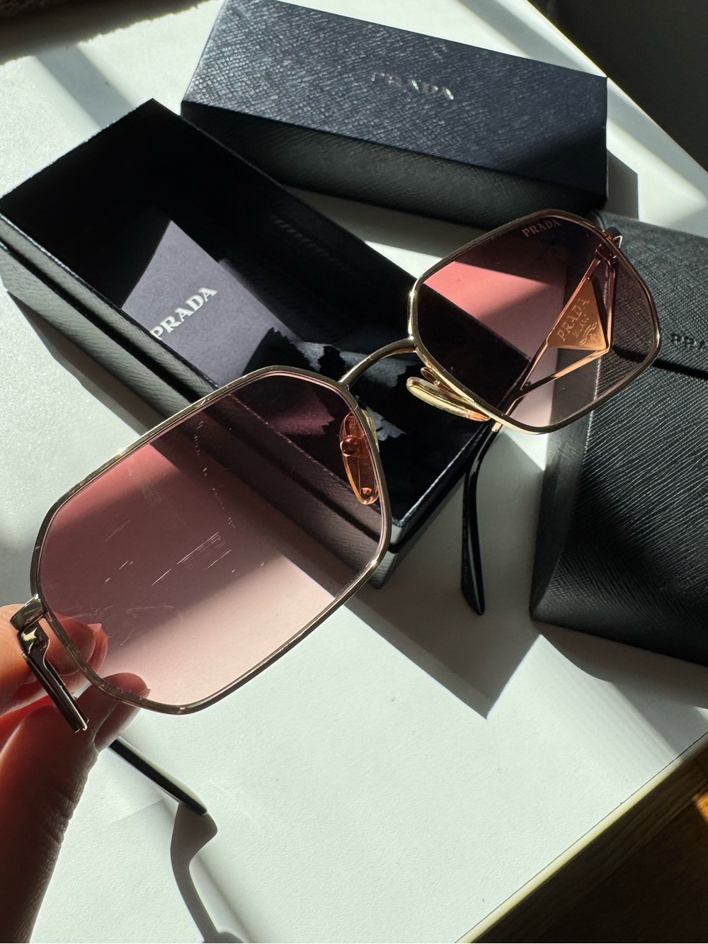 Prada Gold Metal Sunglasses with Rose Pink Lenses and Triangle Logo Detail - Picture 3 of 6
